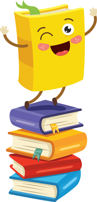 Uśmiechnięta książka tańczy na stosie kolorowych tomów – symbol nauki w przedszkolu Szczecinek